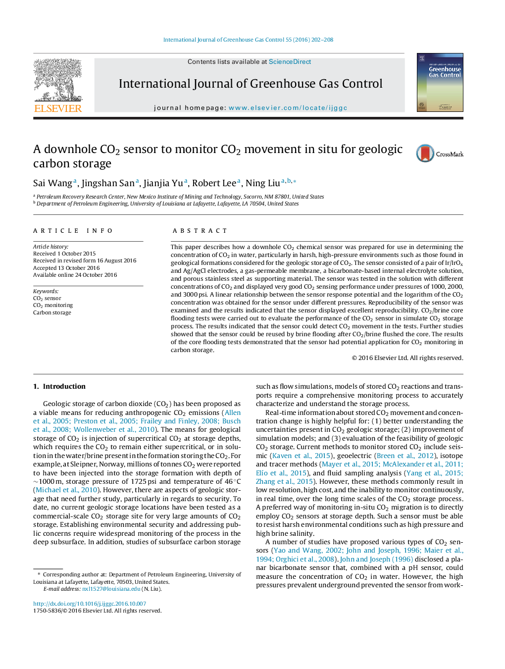 A downhole CO2 sensor to monitor CO2 movement in situ for geologic carbon storage