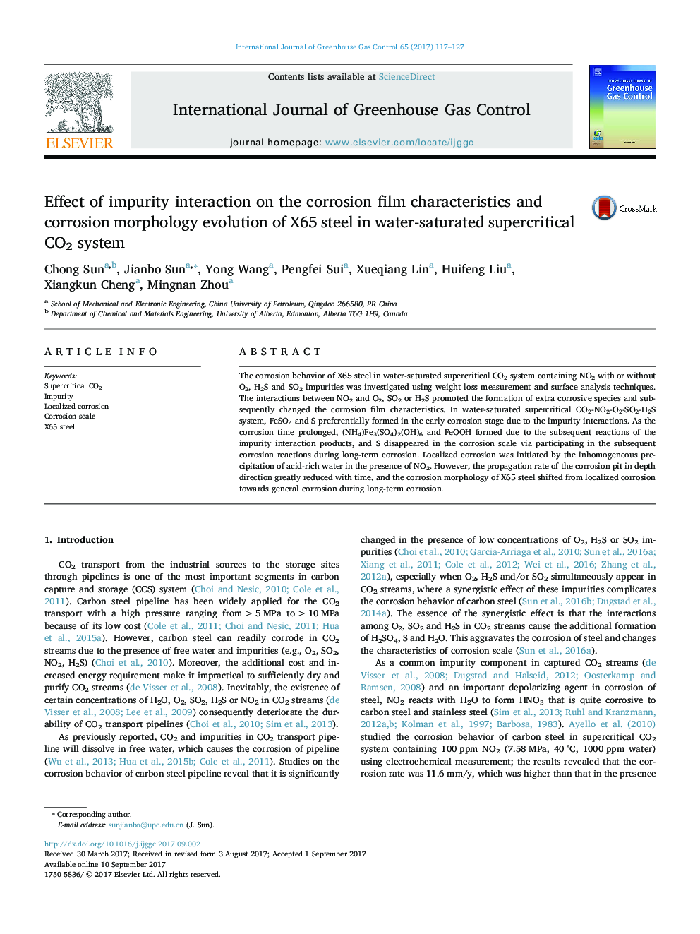 Effect of impurity interaction on the corrosion film characteristics and corrosion morphology evolution of X65 steel in water-saturated supercritical CO2 system