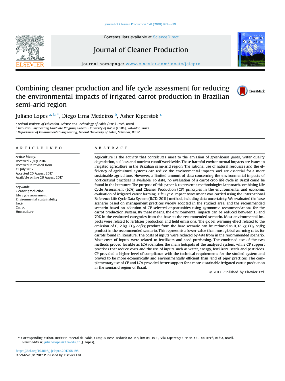 ترکیبی از ارزیابی چرخه تولید و چرخه زندگی برای کاهش اثرات زیست محیطی تولید هویج آبی در مناطق نیمه خشک برزیل