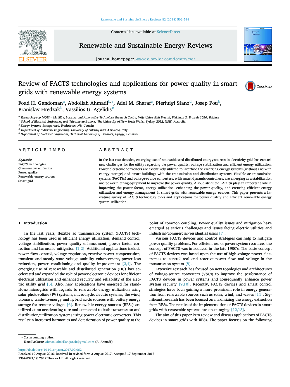 Review of FACTS technologies and applications for power quality in smart grids with renewable energy systems