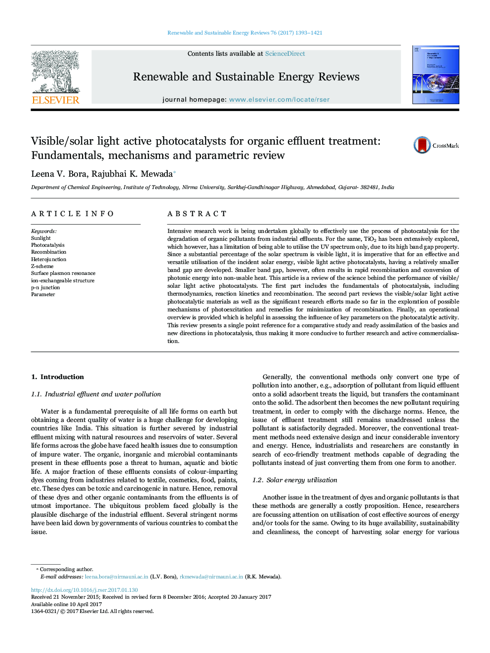 فوتوکاتالیست های فعال قابل مشاهده / نور خورشیدی برای درمان پساب آلی: اصول، مکانیزم و بررسی پارامتری 