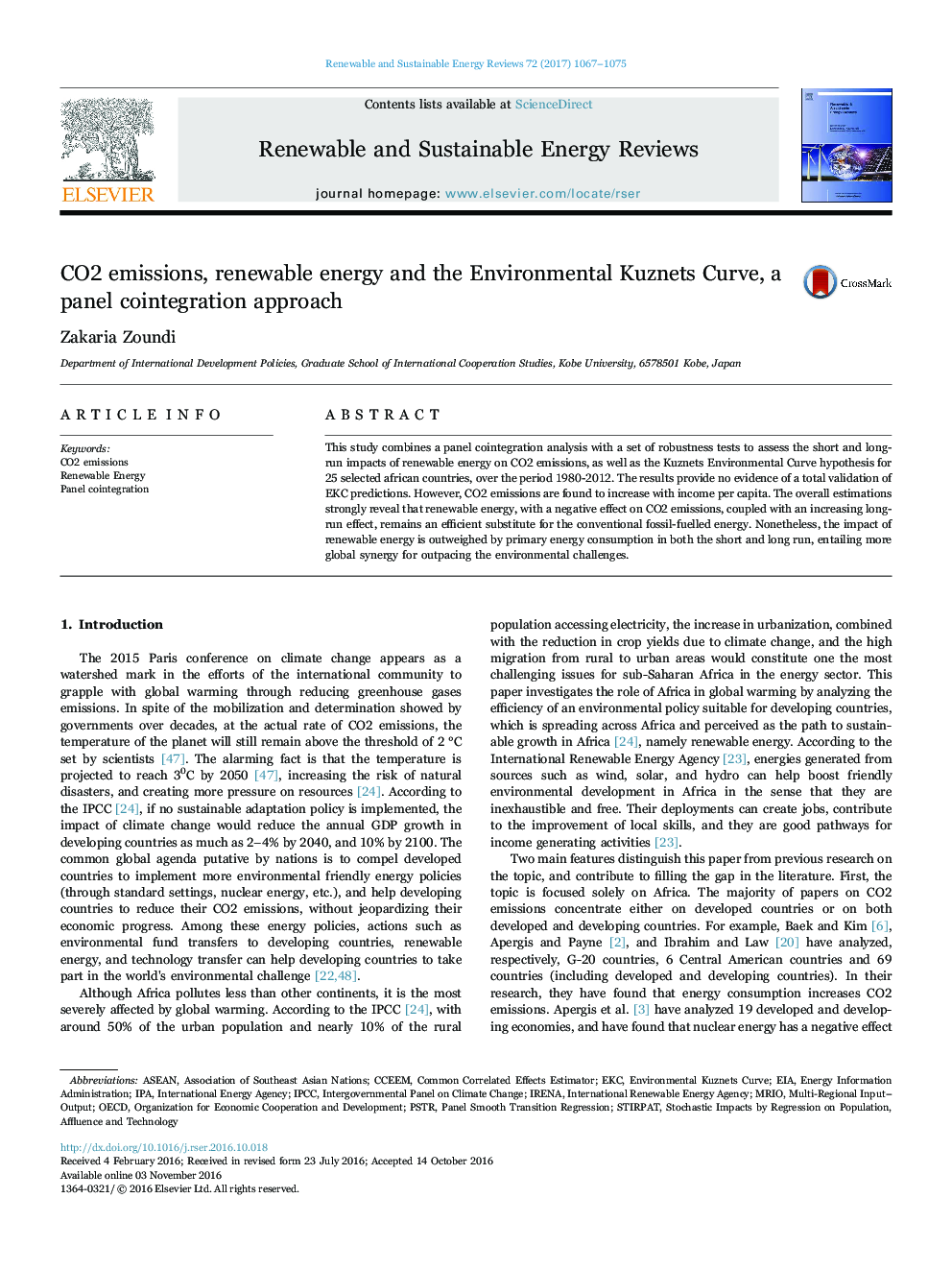 CO2 emissions, renewable energy and the Environmental Kuznets Curve, a panel cointegration approach