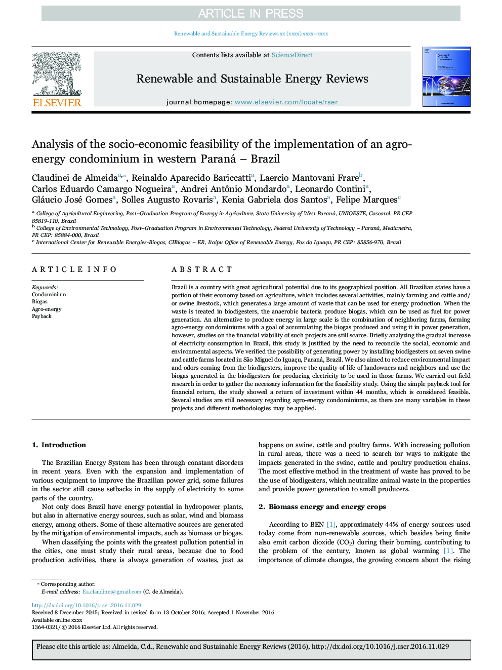 Analysis of the socio-economic feasibility of the implementation of an agro-energy condominium in western Paraná - Brazil