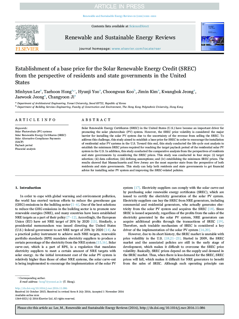 Establishment of a base price for the Solar Renewable Energy Credit (SREC) from the perspective of residents and state governments in the United States