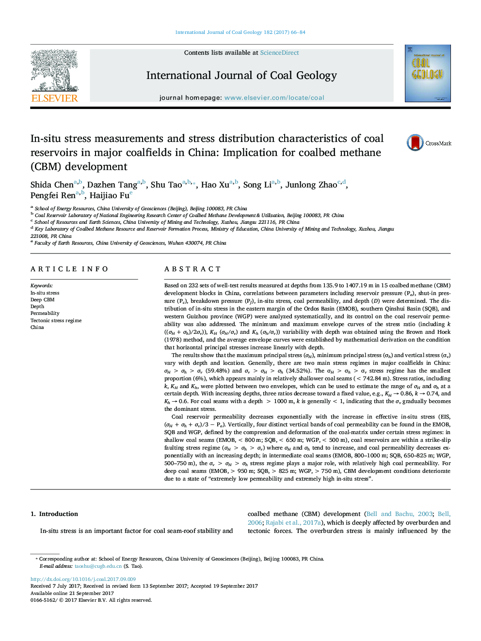 In-situ stress measurements and stress distribution characteristics of coal reservoirs in major coalfields in China: Implication for coalbed methane (CBM) development