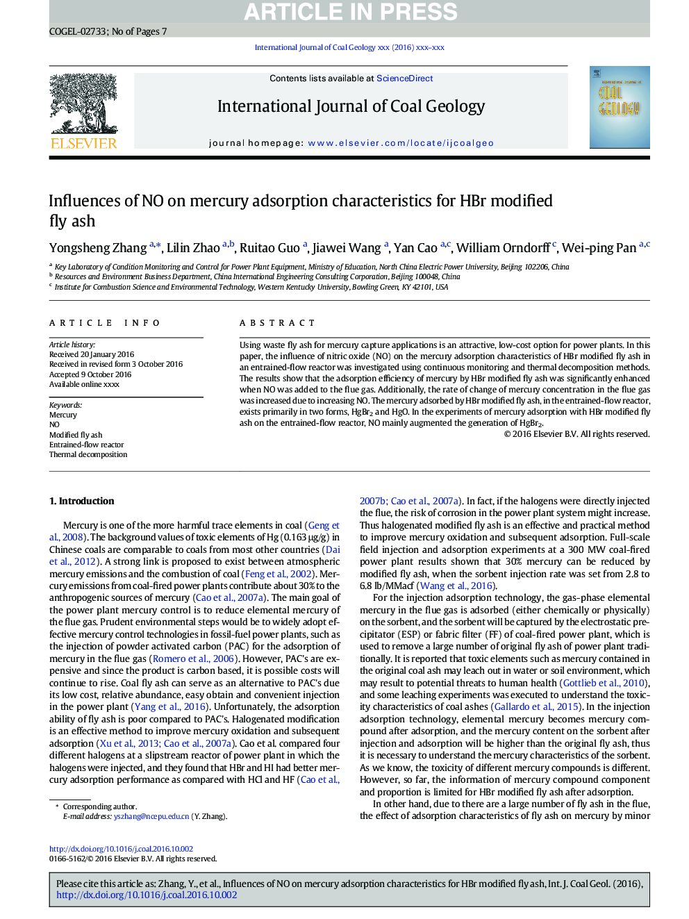 Influences of NO on mercury adsorption characteristics for HBr modified fly ash