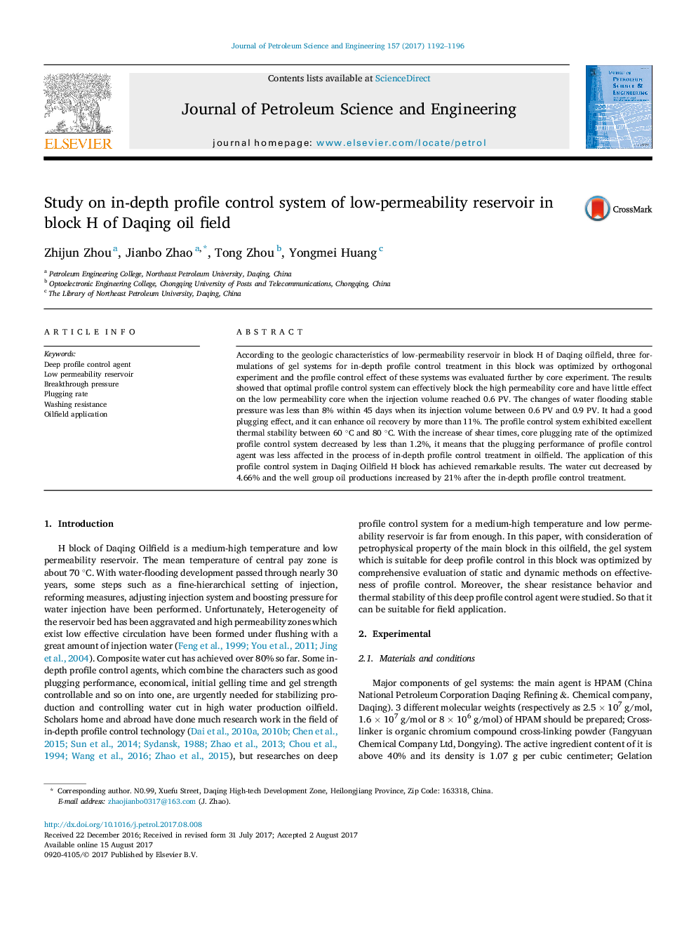 Study on in-depth profile control system of low-permeability reservoir in block H of Daqing oil field