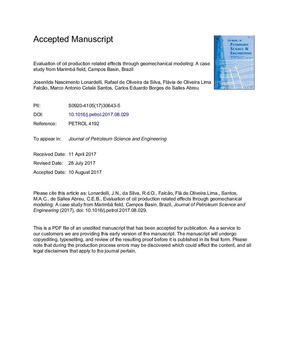 Evaluation of oil production related effects through geomechanical modeling: A case study from Marimbá field, Campos Basin, Brazil