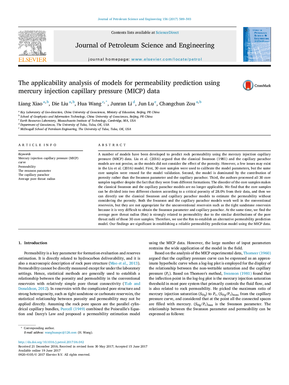 The applicability analysis of models for permeability prediction using mercury injection capillary pressure (MICP) data