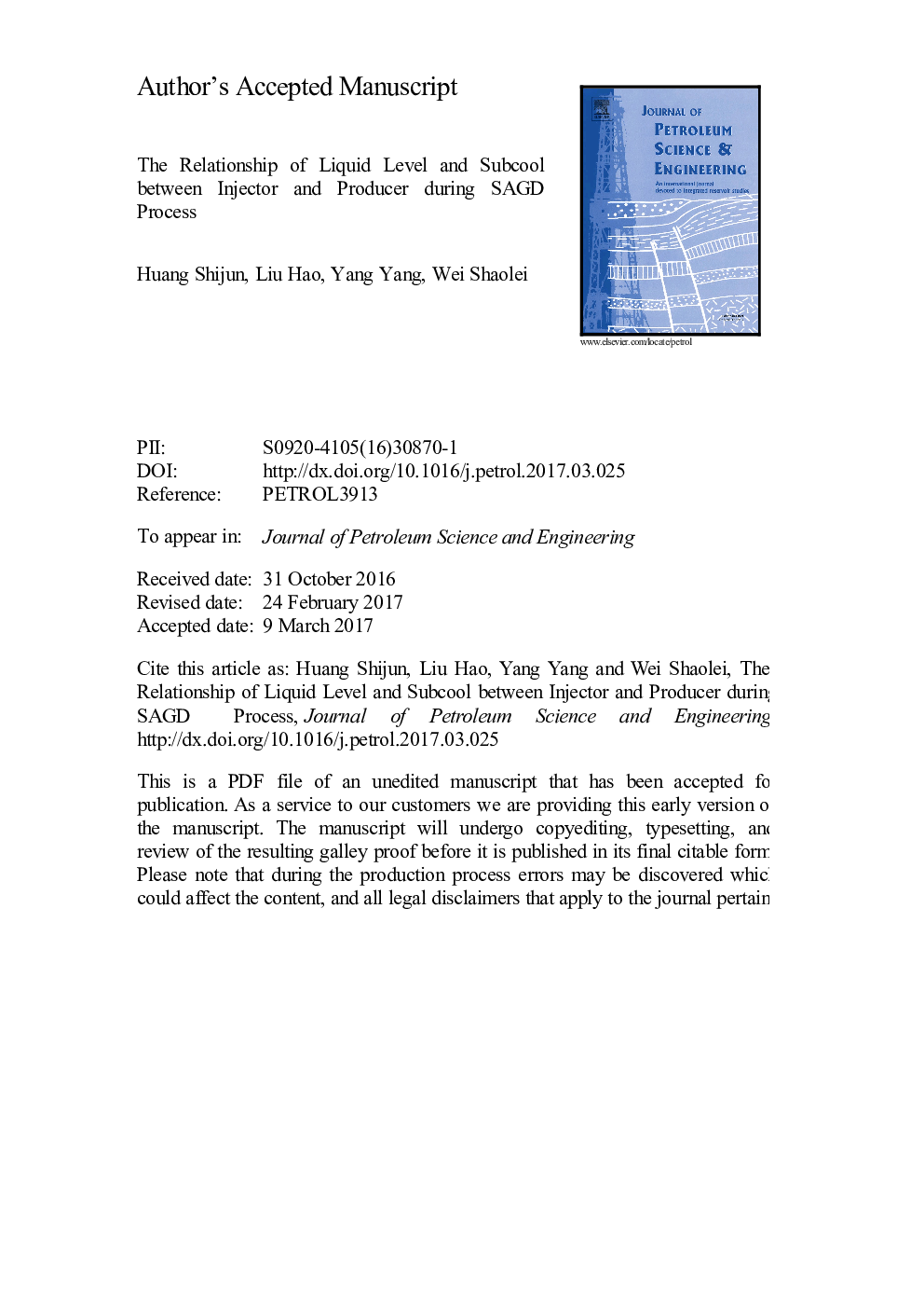 The relationship of liquid level and subcool between injector and producer during SAGD process