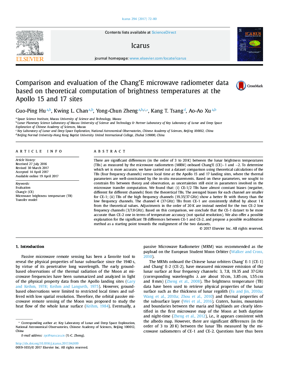 Comparison and evaluation of the Chang'E microwave radiometer data based on theoretical computation of brightness temperatures at the Apollo 15 and 17 sites