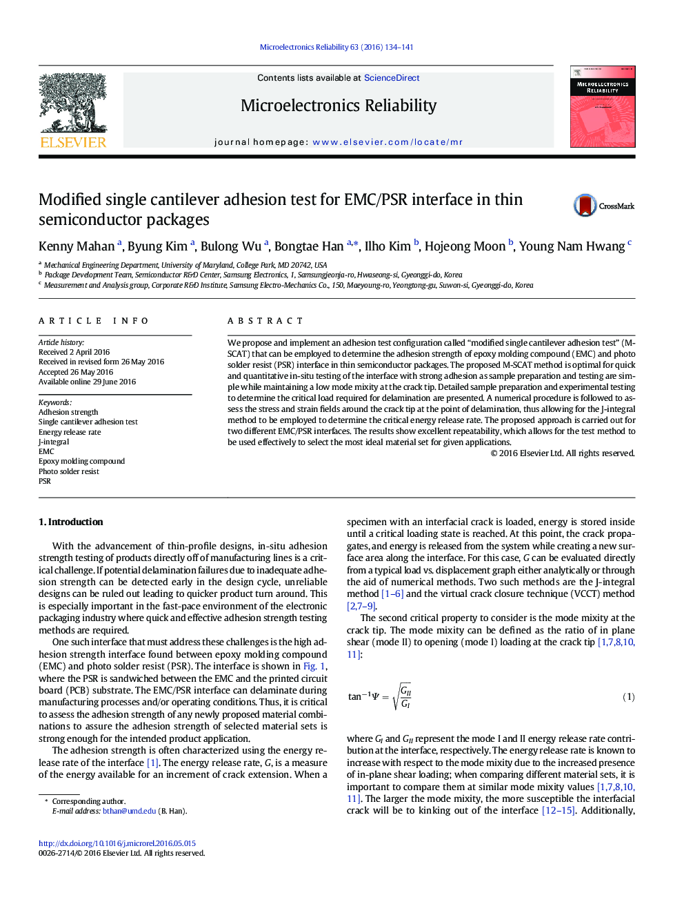 Modified single cantilever adhesion test for EMC/PSR interface in thin semiconductor packages