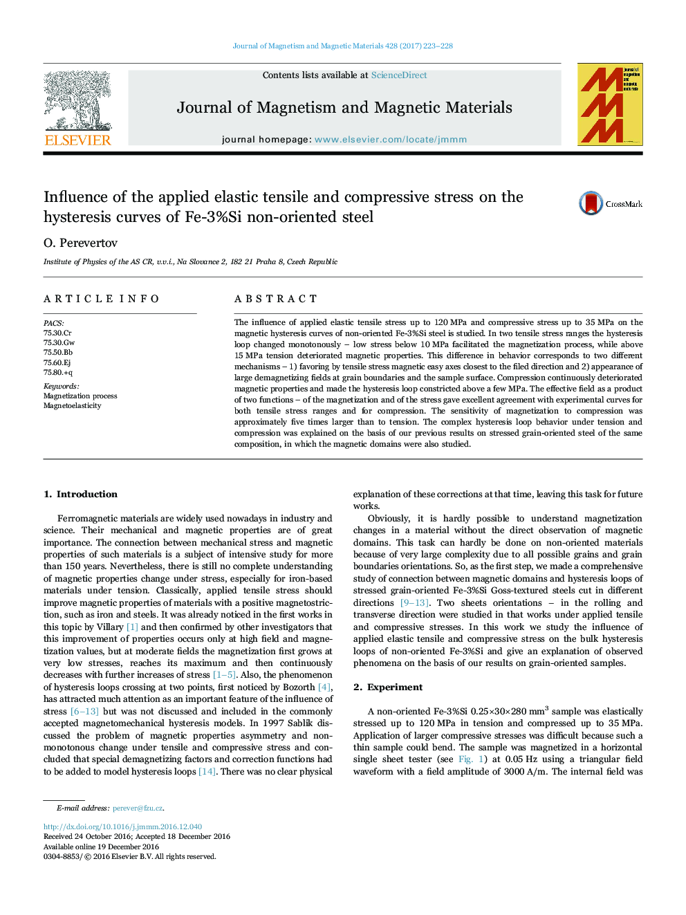 Influence of the applied elastic tensile and compressive stress on the hysteresis curves of Fe-3%Si non-oriented steel