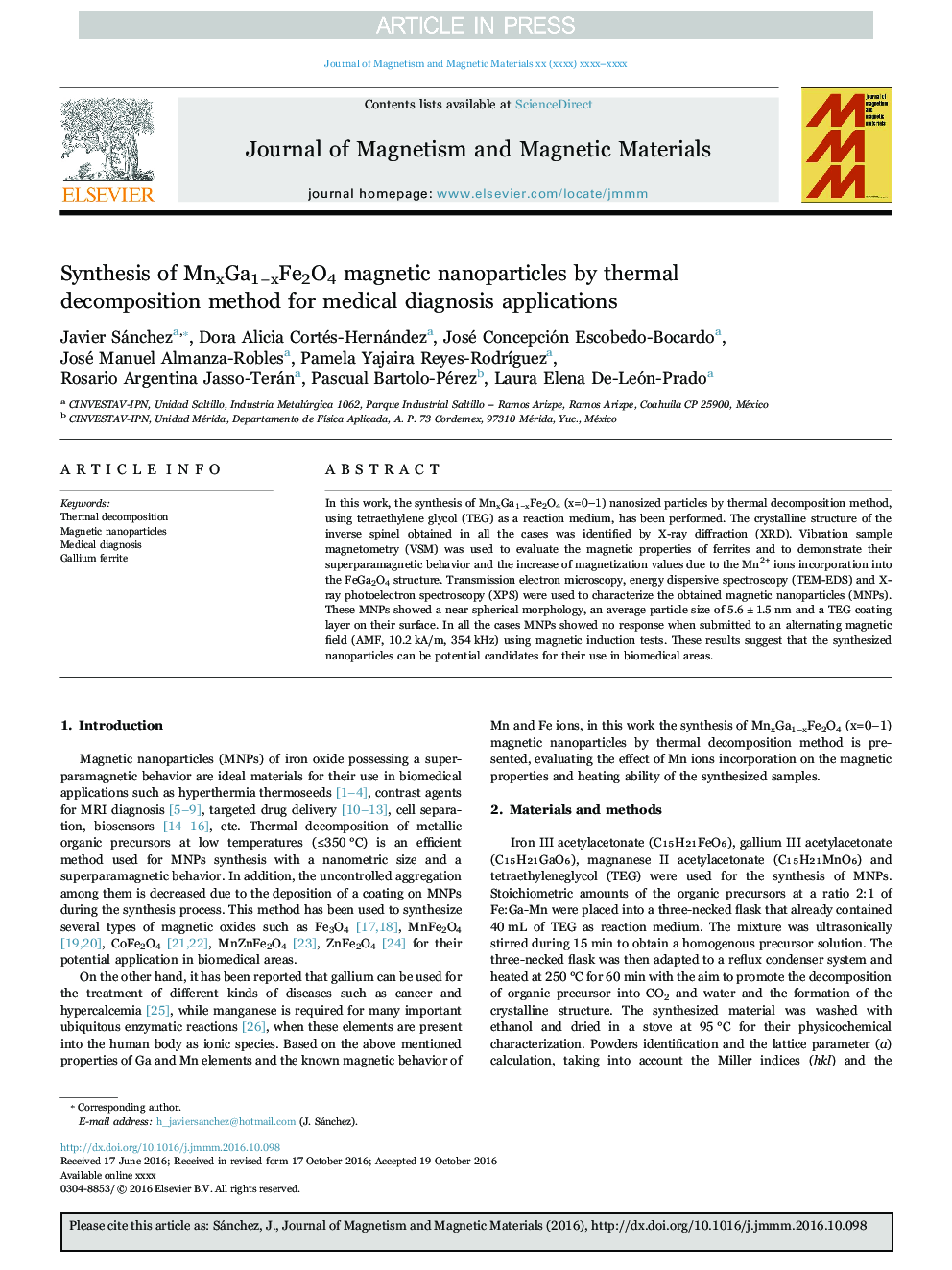 Synthesis of MnxGa1âxFe2O4 magnetic nanoparticles by thermal decomposition method for medical diagnosis applications