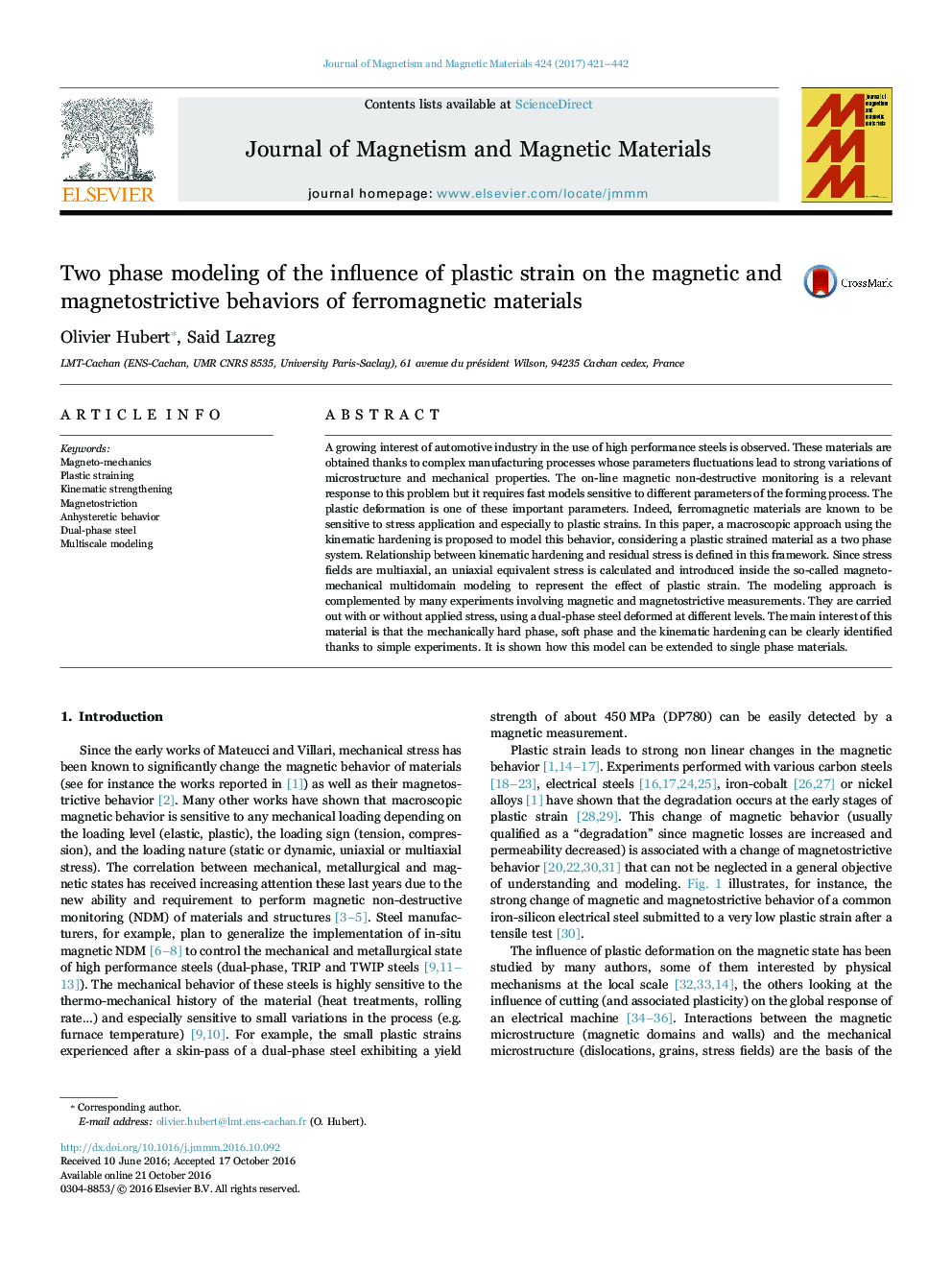 مدل سازی دو مرحله ای از تأثیر فشار پلاستیک بر رفتار مغناطیسی و مغناطیس سنجی مواد فرومغناطیسی 