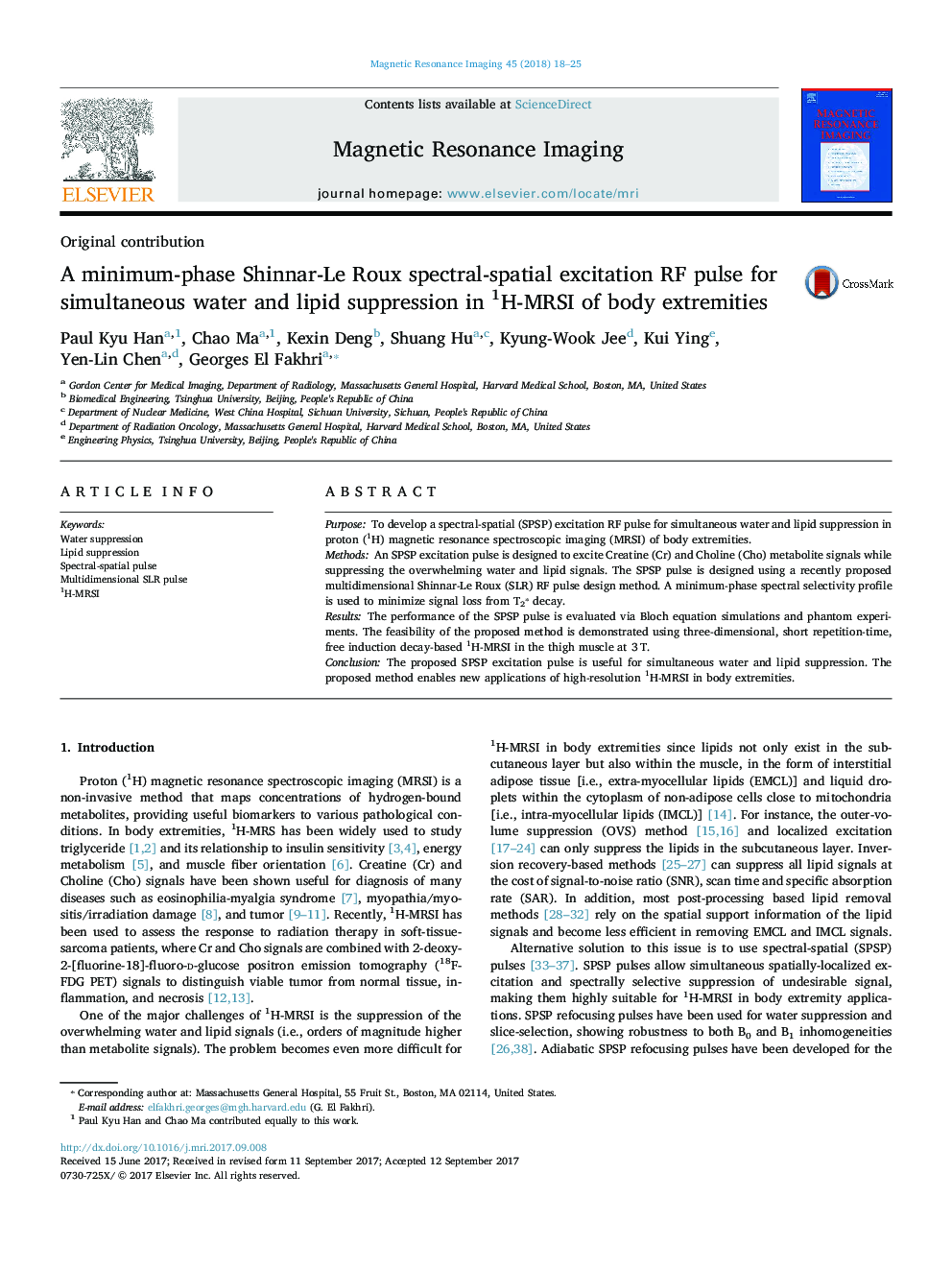 A minimum-phase Shinnar-Le Roux spectral-spatial excitation RF pulse for simultaneous water and lipid suppression in 1H-MRSI of body extremities