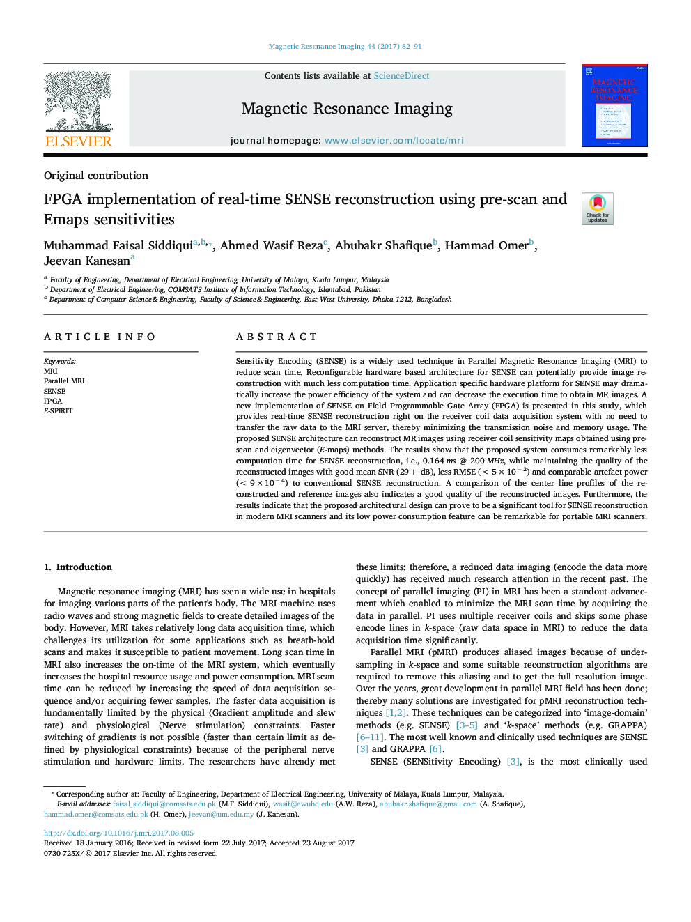 FPGA implementation of real-time SENSE reconstruction using pre-scan and Emaps sensitivities