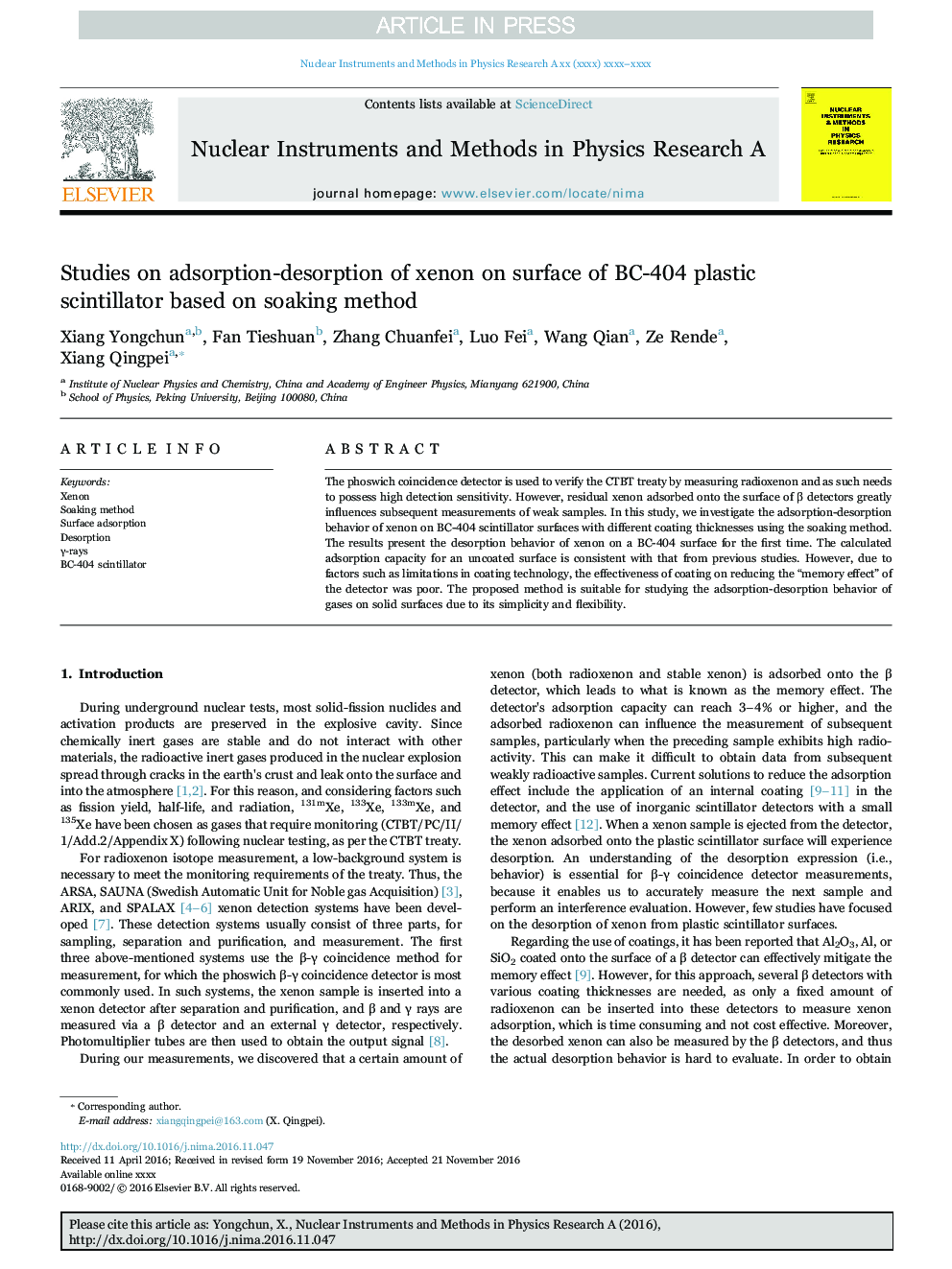Studies on adsorption-desorption of xenon on surface of BC-404 plastic scintillator based on soaking method