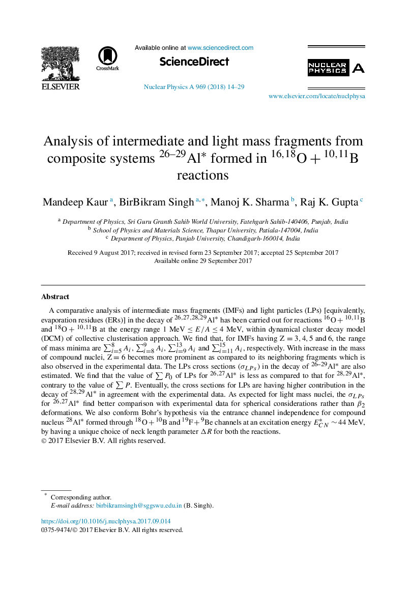 Analysis of intermediate and light mass fragments from composite systems 26-29Alâ formed in O16,18+10,11B reactions