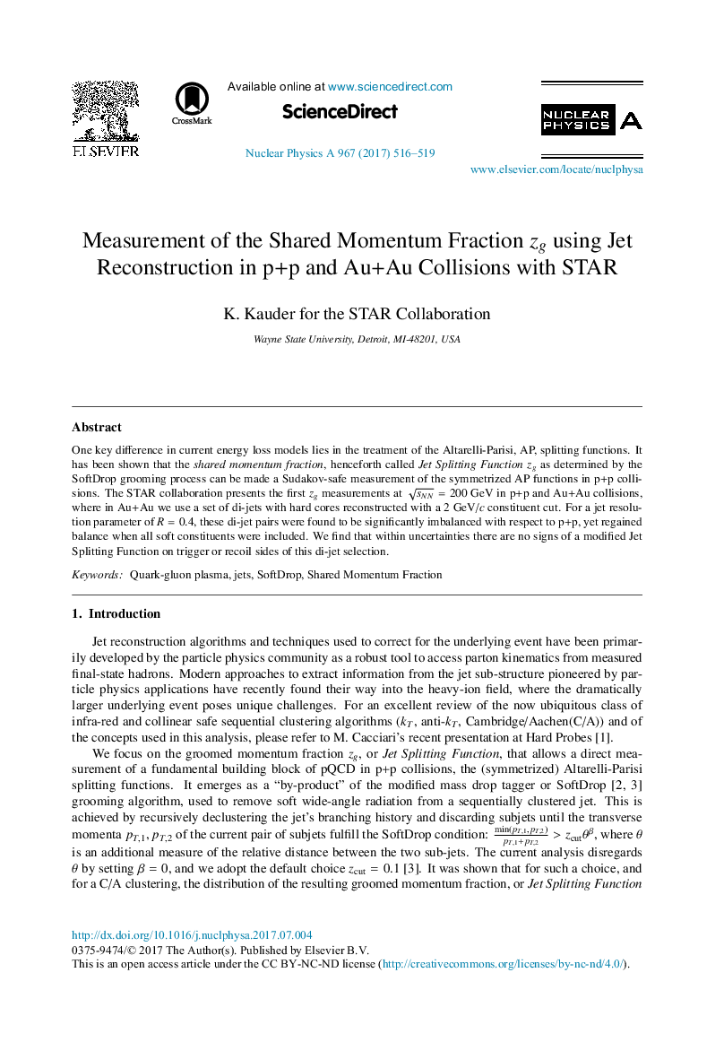 Measurement of the Shared Momentum Fraction zg using Jet Reconstruction in p + p and Au + Au Collisions with STAR