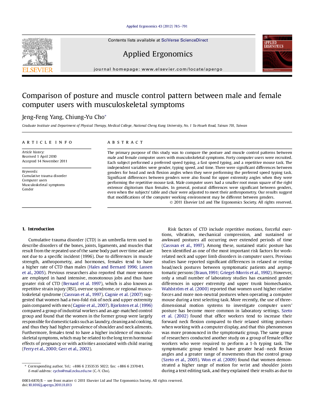 Comparison of posture and muscle control pattern between male and female computer users with musculoskeletal symptoms