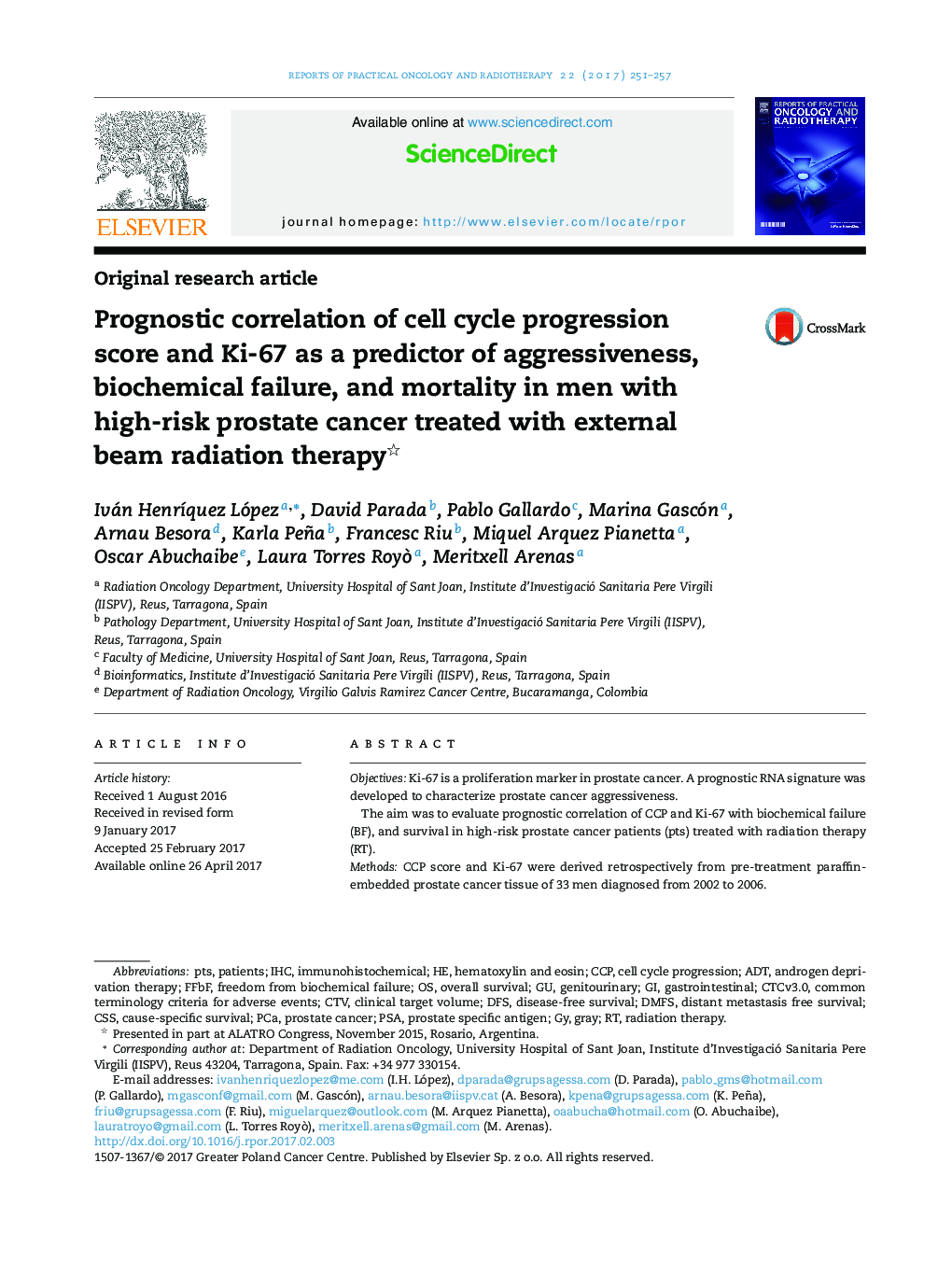 Prognostic correlation of cell cycle progression score and Ki-67 as a predictor of aggressiveness, biochemical failure, and mortality in men with high-risk prostate cancer treated with external beam radiation therapy