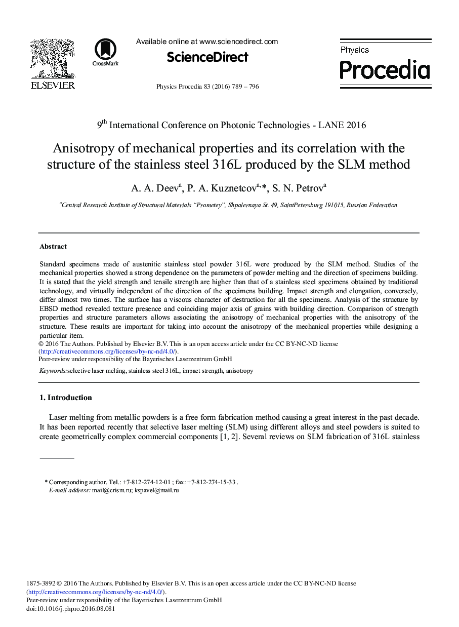 Anisotropy of Mechanical Properties and its Correlation with the Structure of the Stainless Steel 316L Produced by the SLM Method