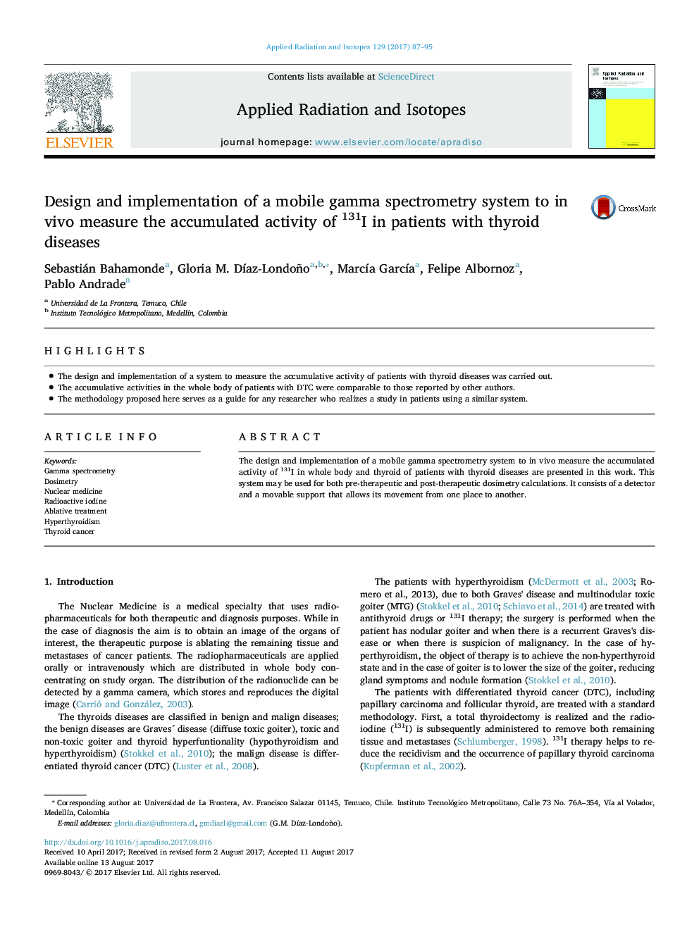 Design and implementation of a mobile gamma spectrometry system to in vivo measure the accumulated activity of 131I in patients with thyroid diseases
