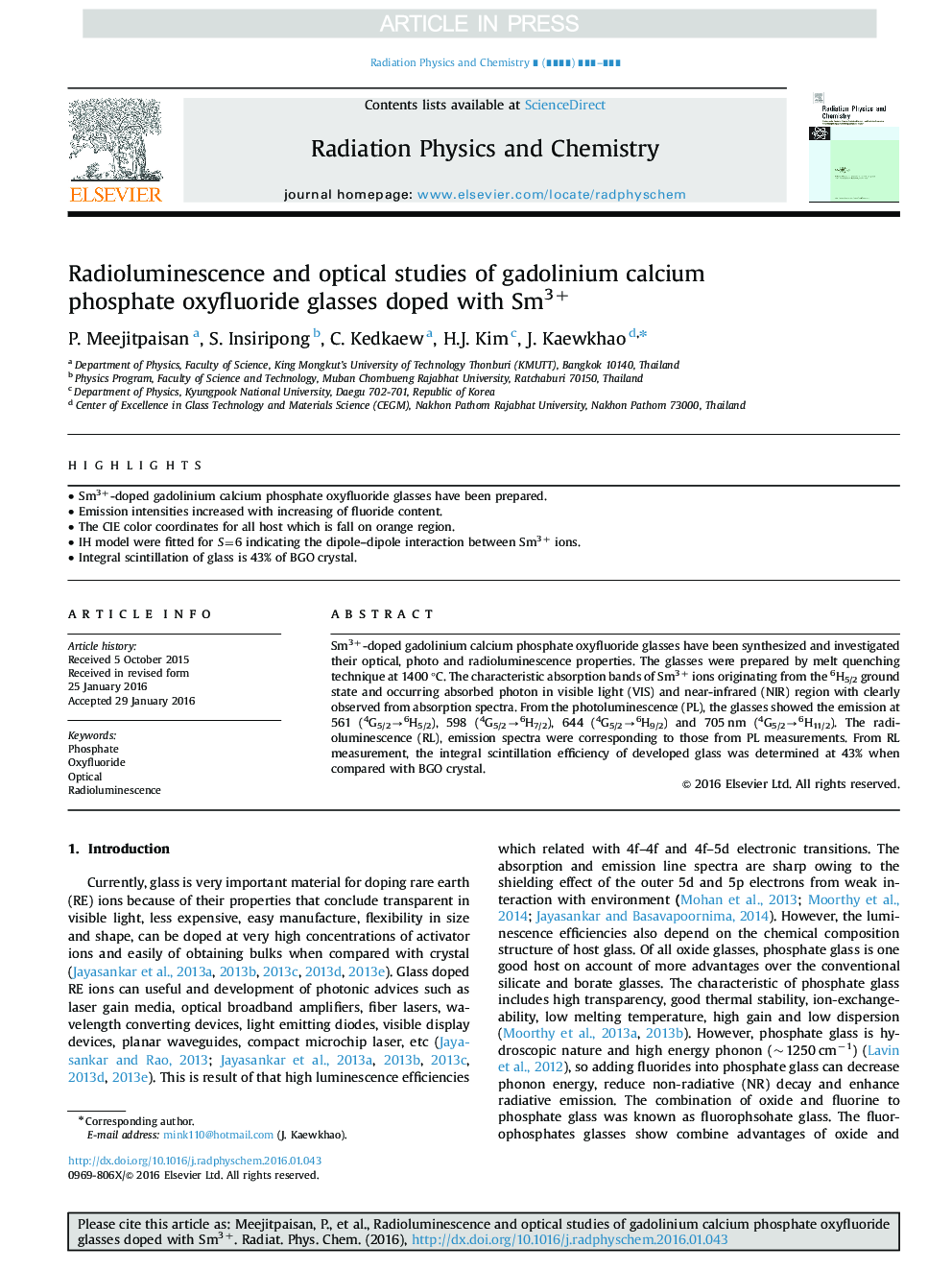 Radioluminescence and optical studies of gadolinium calcium phosphate oxyfluoride glasses doped with Sm3+