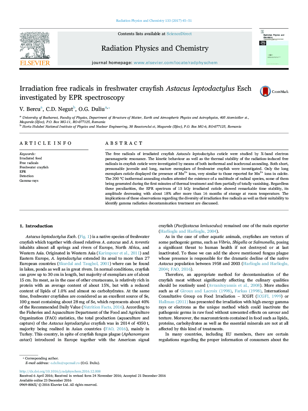 Irradiation free radicals in freshwater crayfish Astacus leptodactylus Esch investigated by EPR spectroscopy