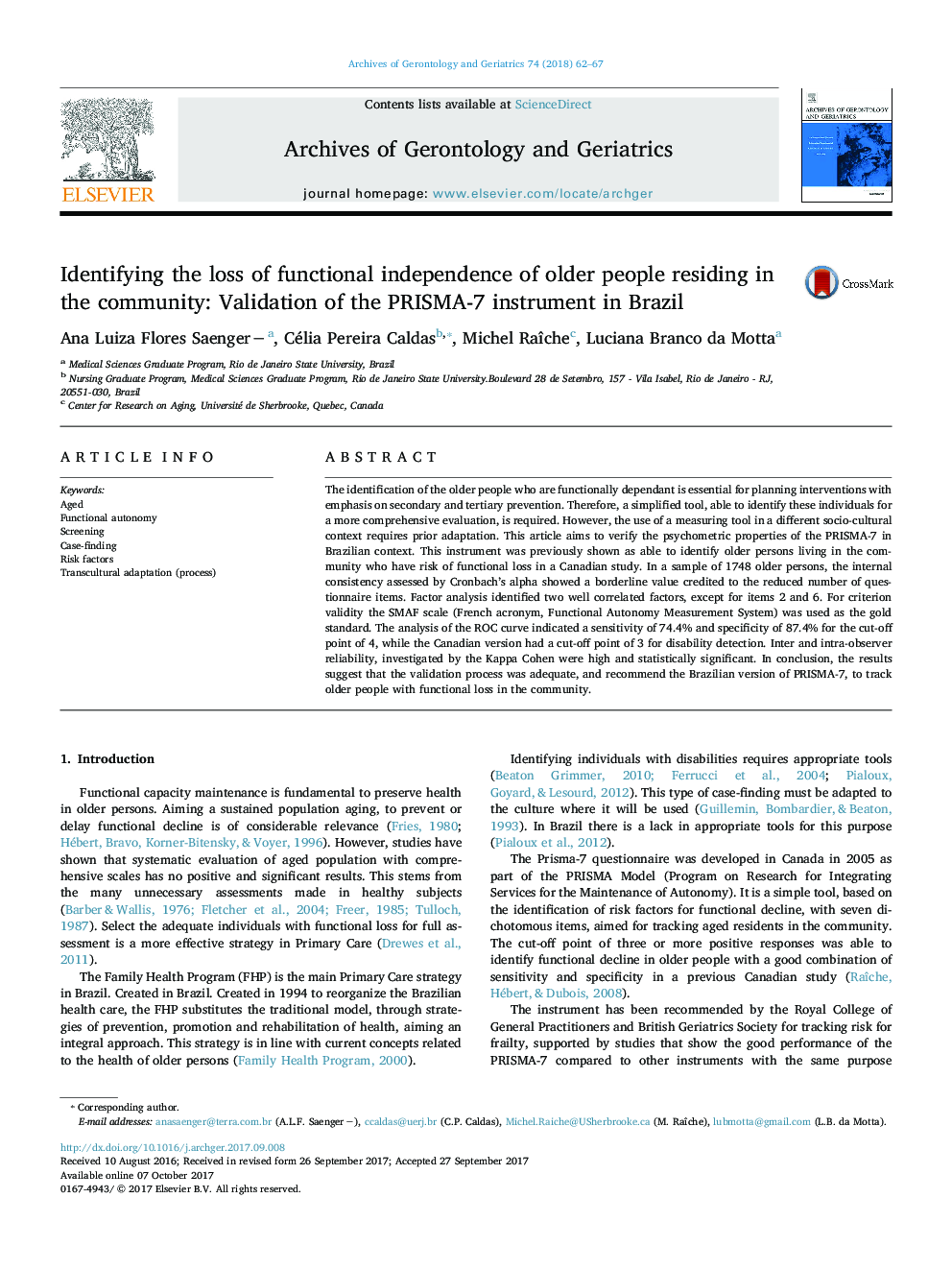 Identifying the loss of functional independence of older people residing in the community: Validation of the PRISMA-7 instrument in Brazil
