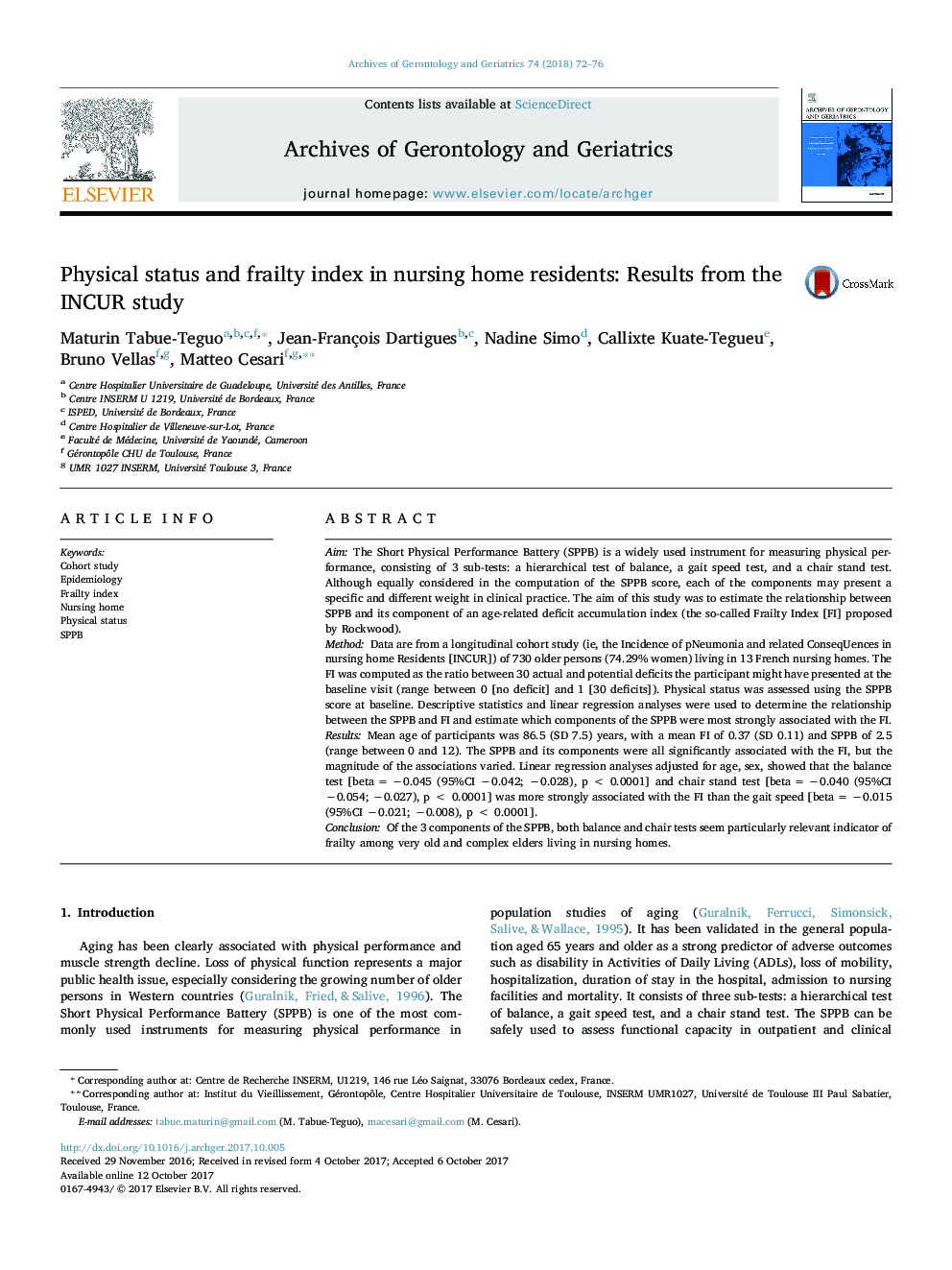 Physical status and frailty index in nursing home residents: Results from the INCUR study