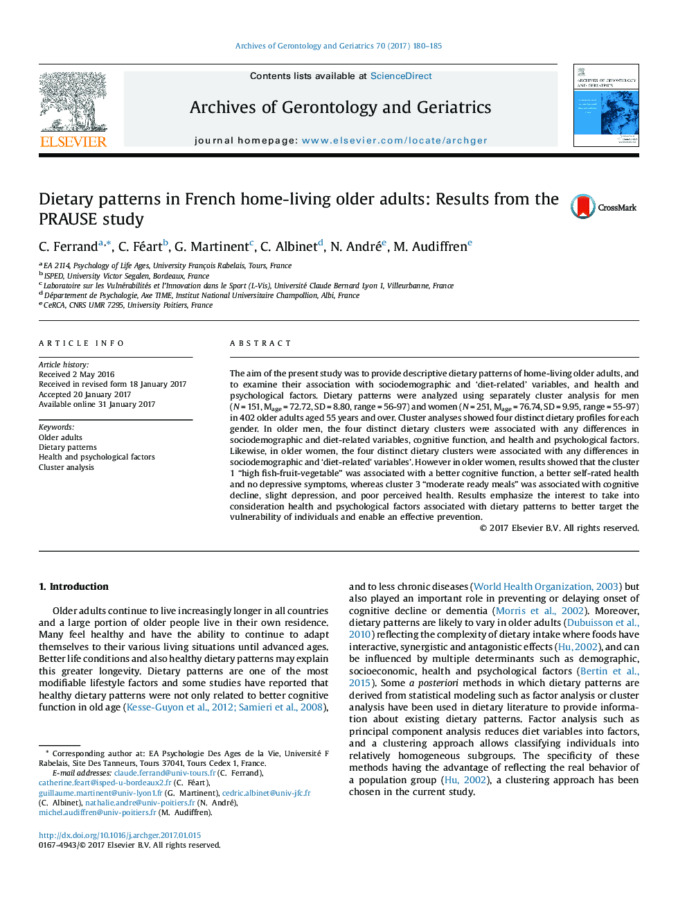 Dietary patterns in French home-living older adults: Results from the PRAUSE study