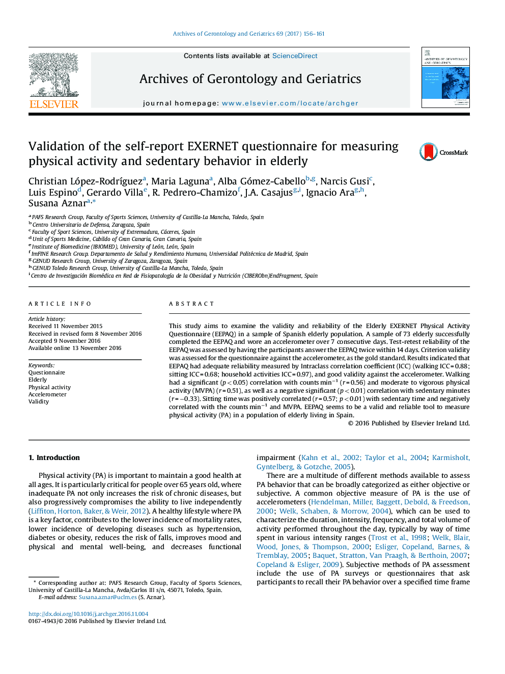 Validation of the self-report EXERNET questionnaire for measuring physical activity and sedentary behavior in elderly