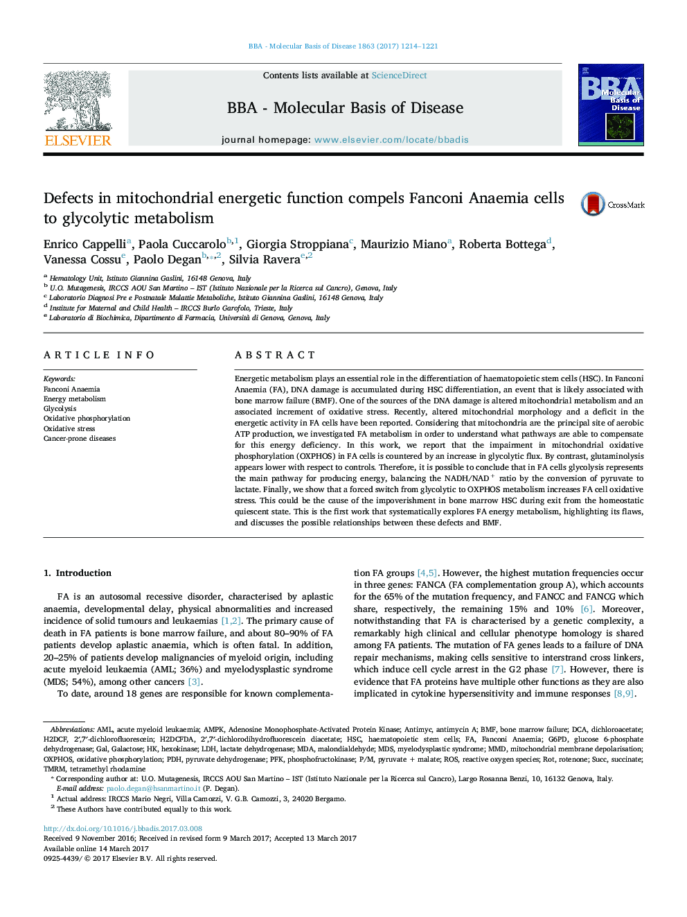 Defects in mitochondrial energetic function compels Fanconi Anaemia cells to glycolytic metabolism