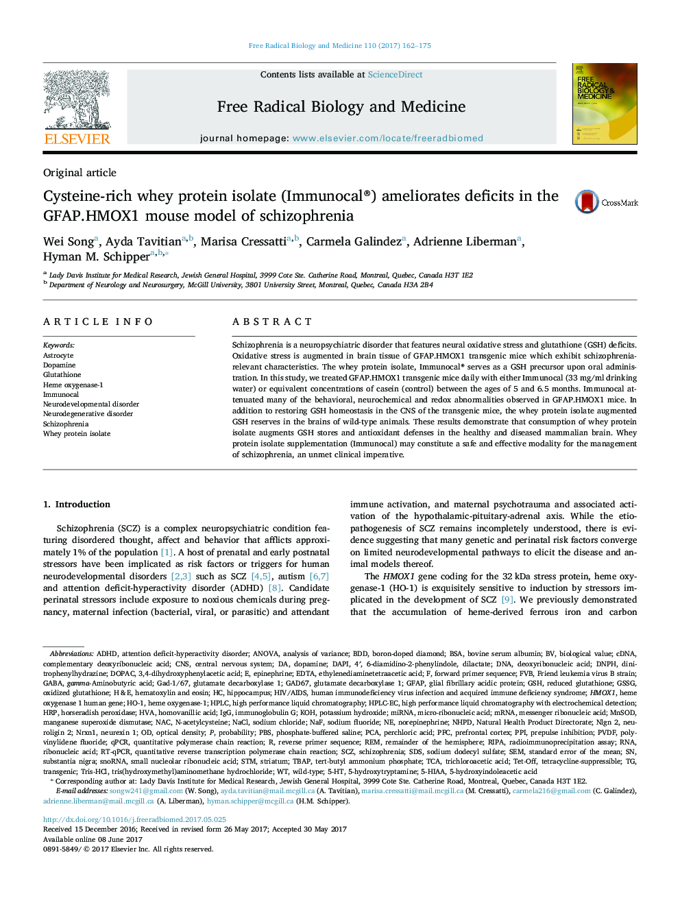 Cysteine-rich whey protein isolate (Immunocal®) ameliorates deficits in the GFAP.HMOX1 mouse model of schizophrenia