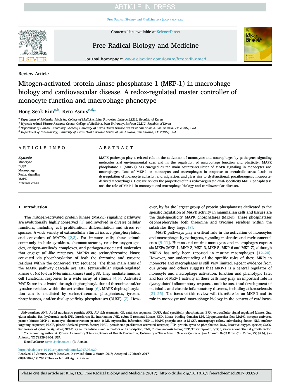 Mitogen-activated protein kinase phosphatase 1 (MKP-1) in macrophage biology and cardiovascular disease. A redox-regulated master controller of monocyte function and macrophage phenotype