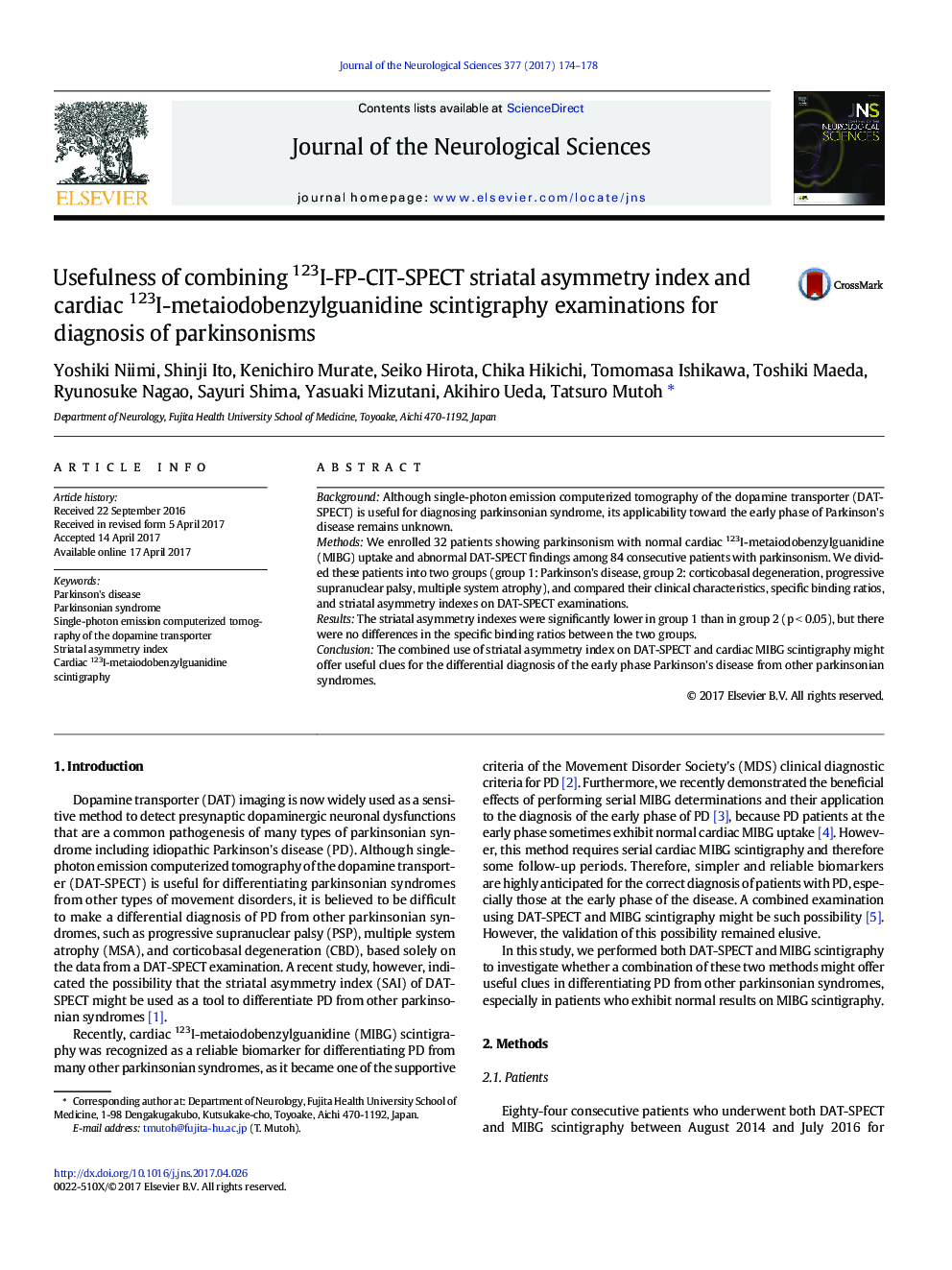 Usefulness of combining 123I-FP-CIT-SPECT striatal asymmetry index and cardiac 123I-metaiodobenzylguanidine scintigraphy examinations for diagnosis of parkinsonisms