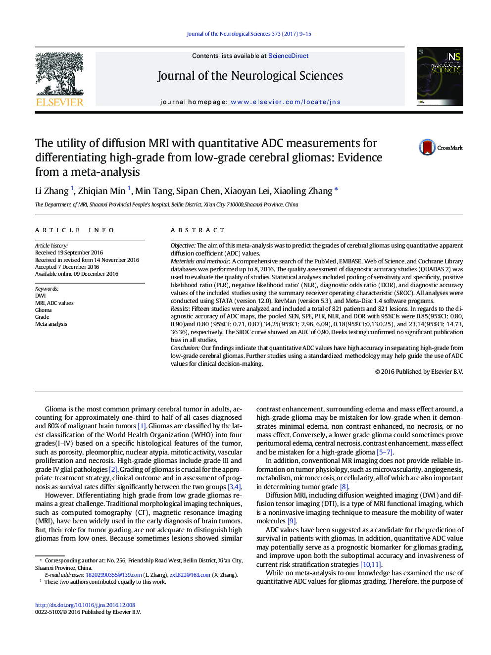 The utility of diffusion MRI with quantitative ADC measurements for differentiating high-grade from low-grade cerebral gliomas: Evidence from a meta-analysis