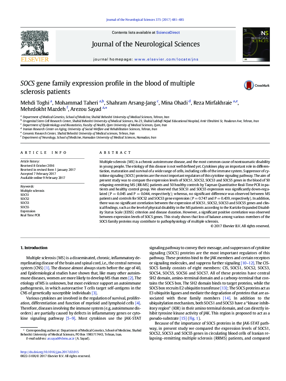 SOCS gene family expression profile in the blood of multiple sclerosis patients