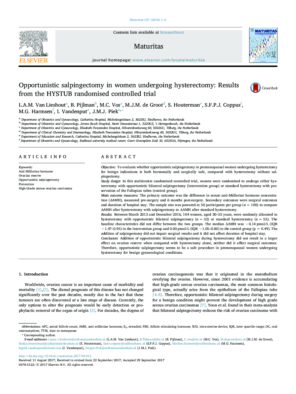 Opportunistic salpingectomy in women undergoing hysterectomy: Results from the HYSTUB randomised controlled trial