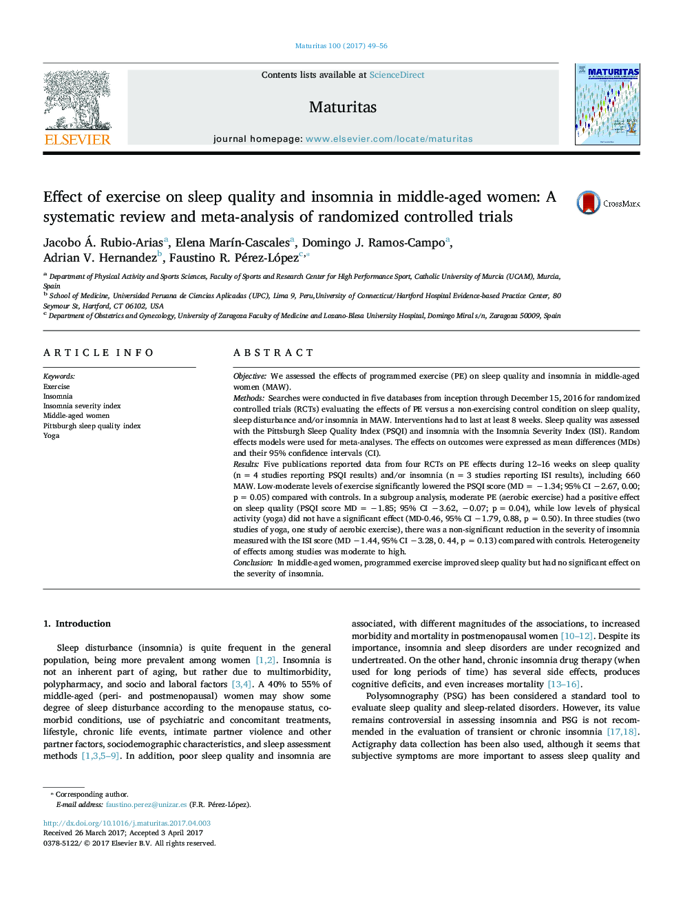 تأثیر ورزش بر کیفیت خواب و بیخوابی در زنان میانسال: یک بررسی سیستماتیک و متاآنالیز آزمایشات تصادفی کنترل شده 