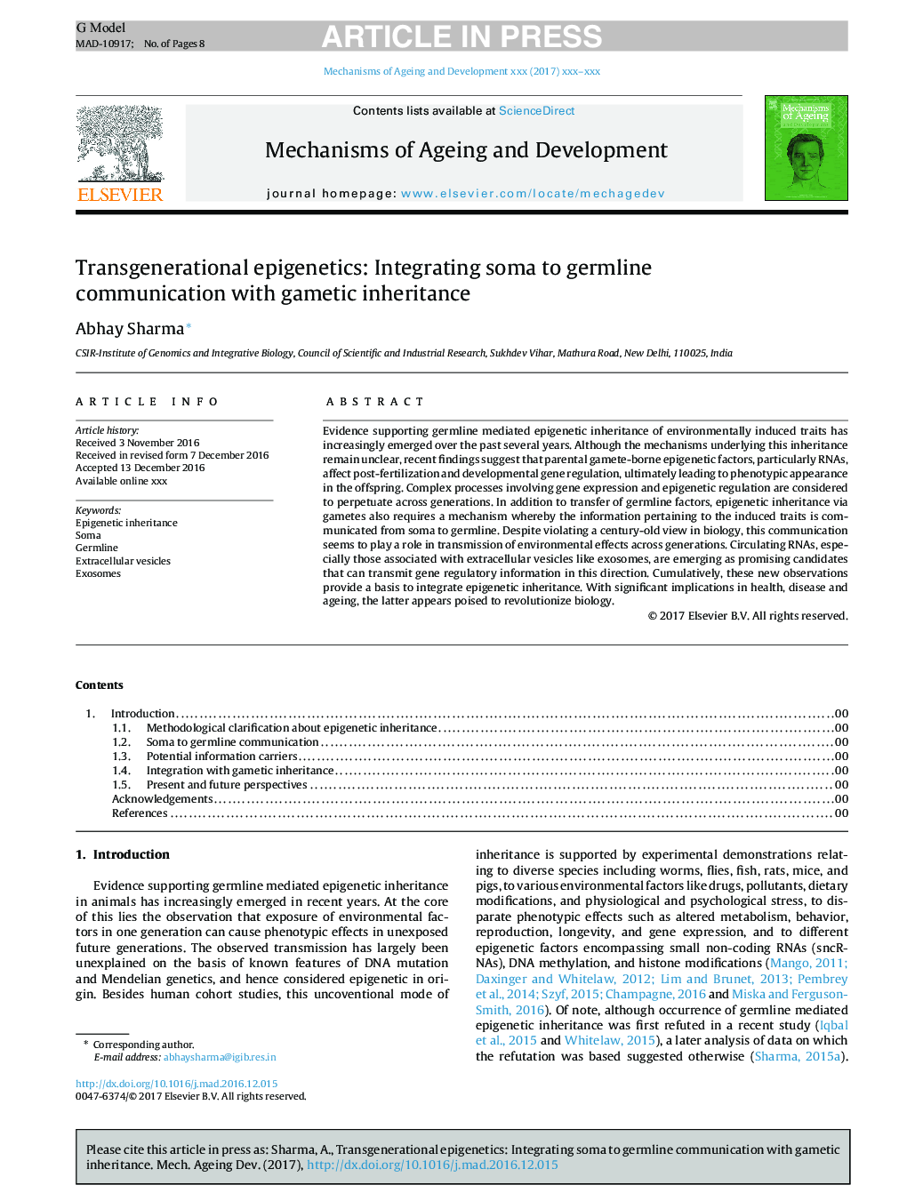 Transgenerational epigenetics: Integrating soma to germline communication with gametic inheritance