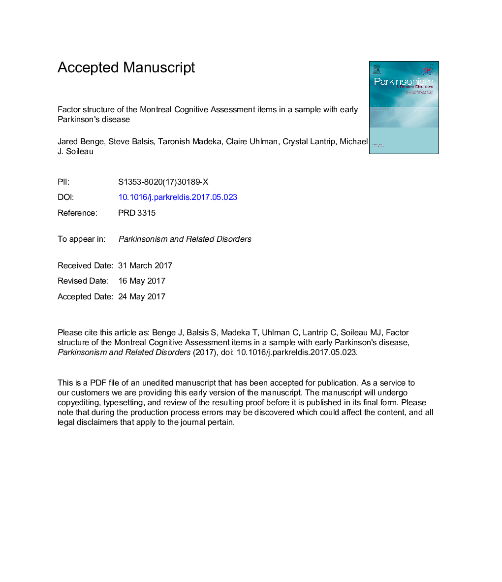 ساختار فاکتور اقلام ارزیابی شناختی مونترال در یک نمونه با بیماری اولیه پارکینسون 