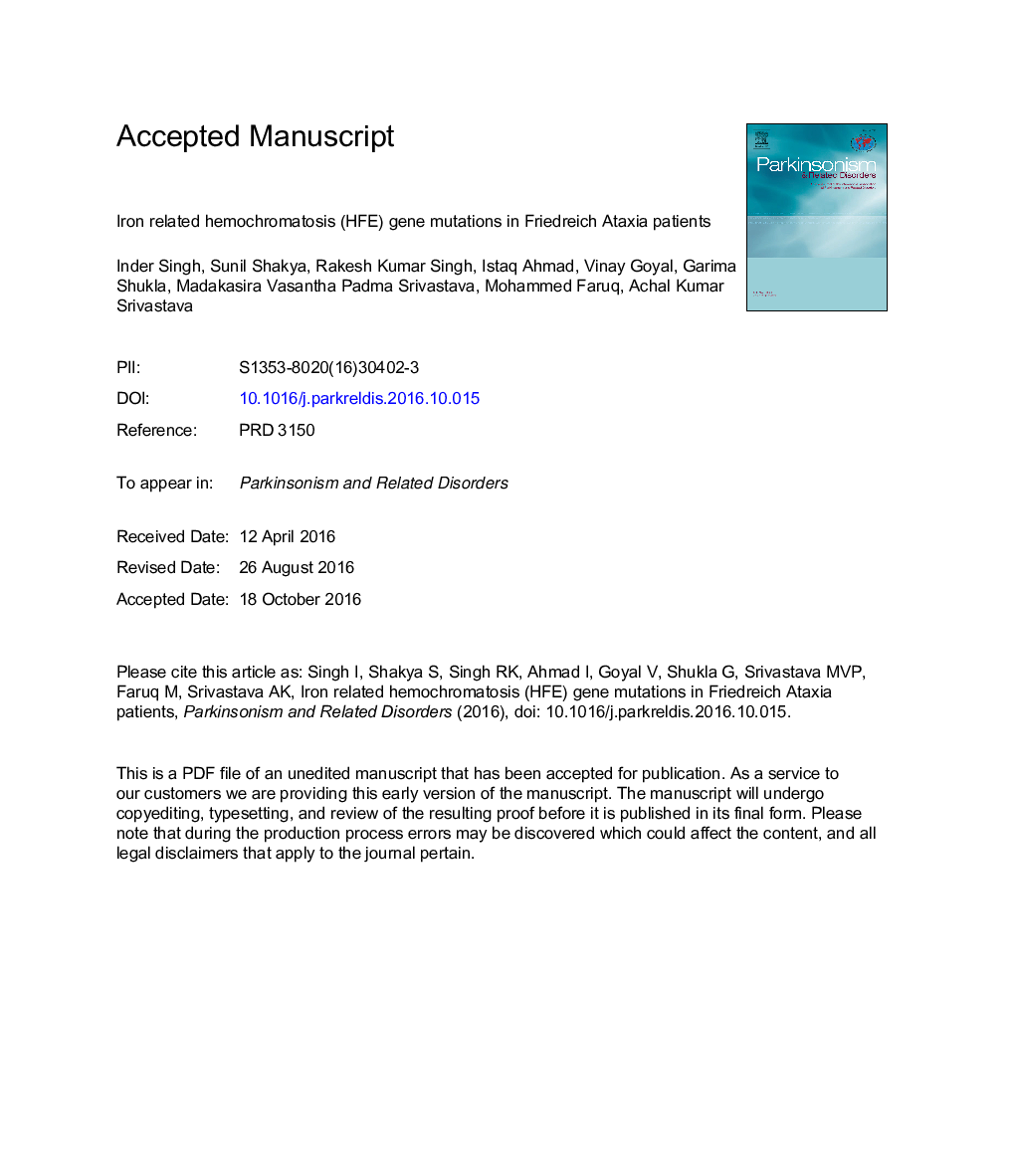 Iron related hemochromatosis (HFE) gene mutations in Friedreich Ataxia patients