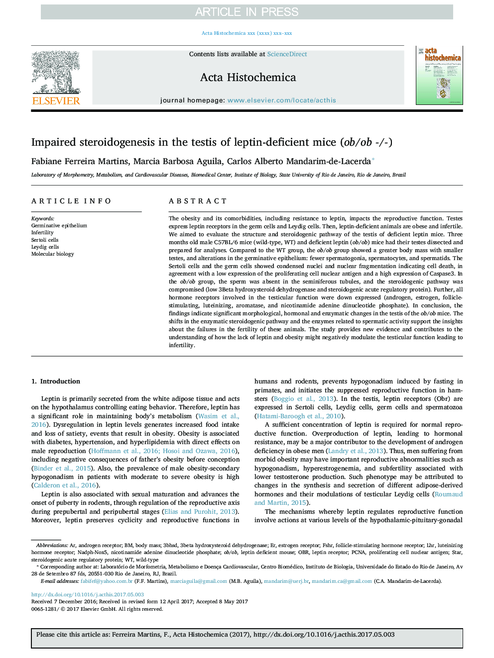 Impaired steroidogenesis in the testis of leptin-deficient mice (ob/ob -/-)