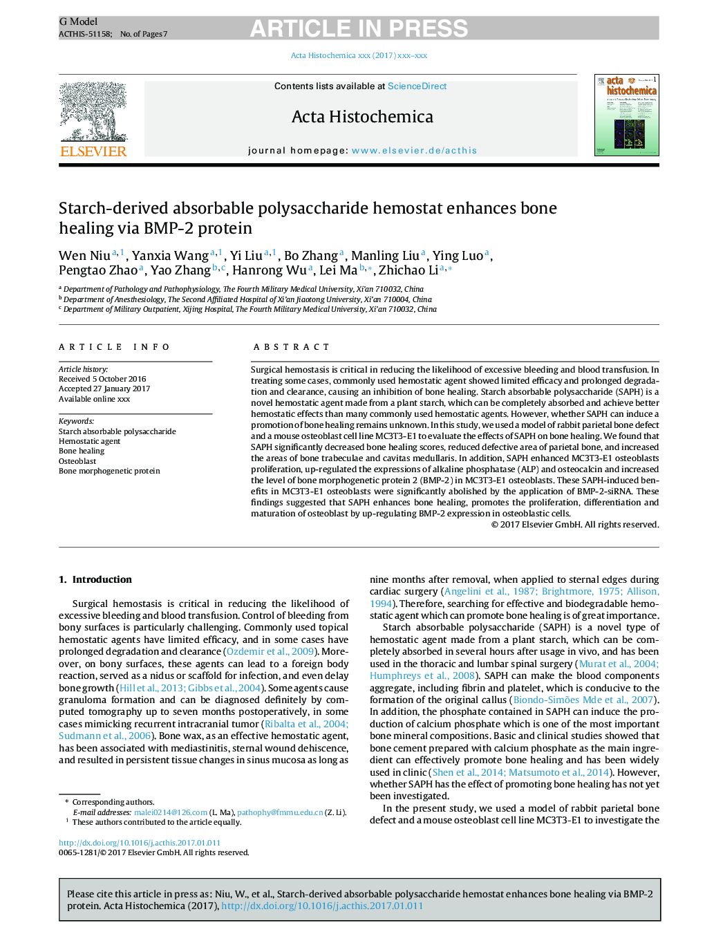 Starch-derived absorbable polysaccharide hemostat enhances bone healing via BMP-2 protein