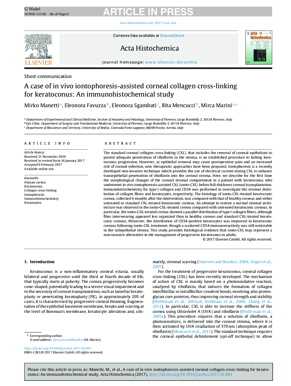 A case of in vivo iontophoresis-assisted corneal collagen cross-linking for keratoconus: An immunohistochemical study