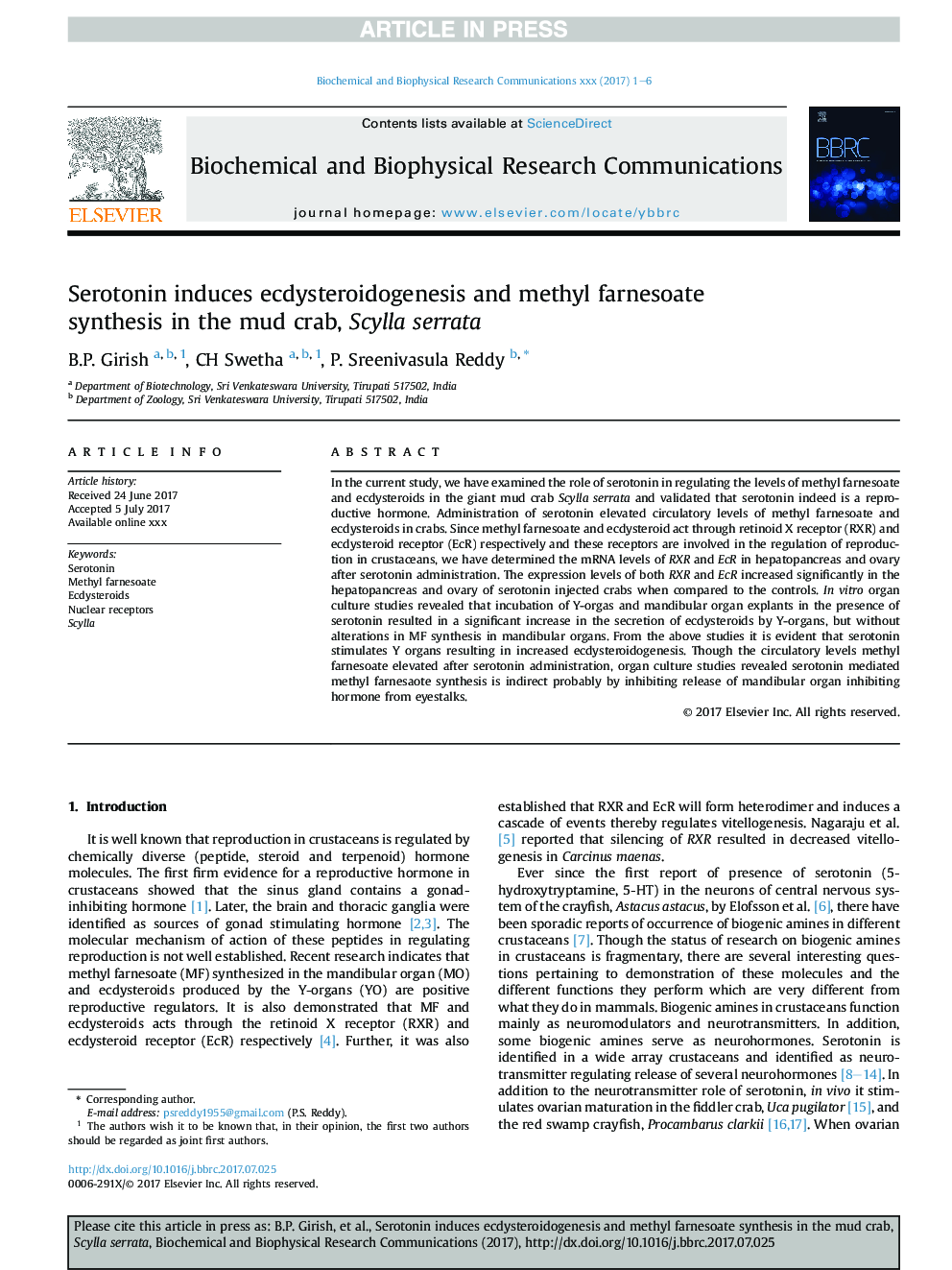 Serotonin induces ecdysteroidogenesis and methyl farnesoate synthesis in the mud crab, Scylla serrata