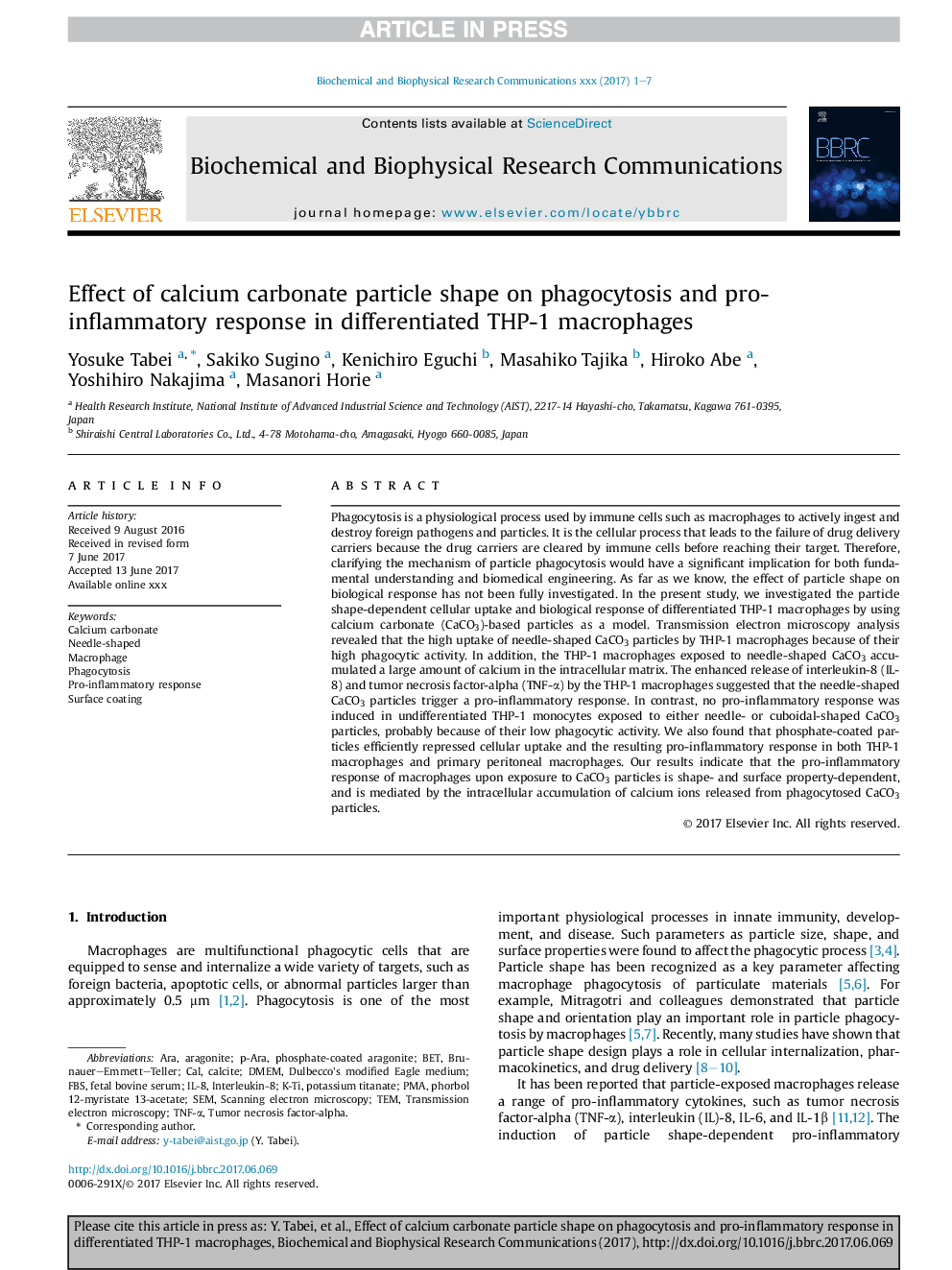 Effect of calcium carbonate particle shape on phagocytosis and pro-inflammatory response in differentiated THP-1 macrophages